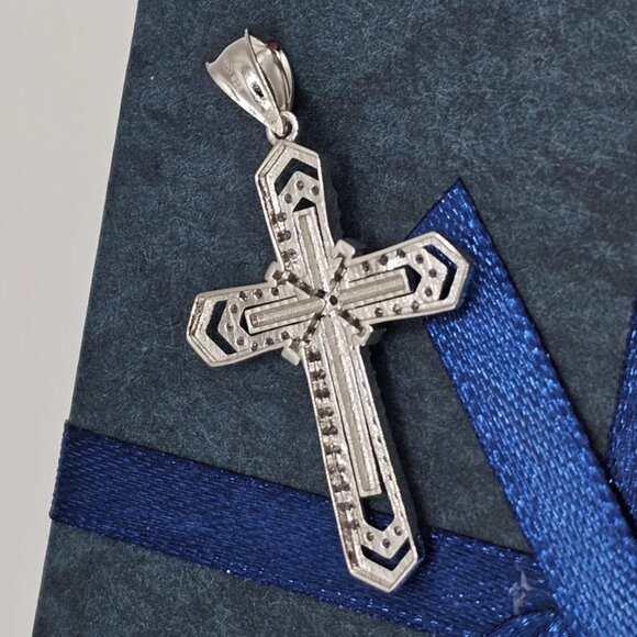 Crucifix Pendant | Sterling Silver Sterling Silver 925 Rhodium Plated Layered Crucifix Cross Arrow Edge Pendant